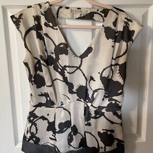 Sound & Matter XL Women's Black & Cream Silk Blouse w/ Bottom Flare and Back Zip
